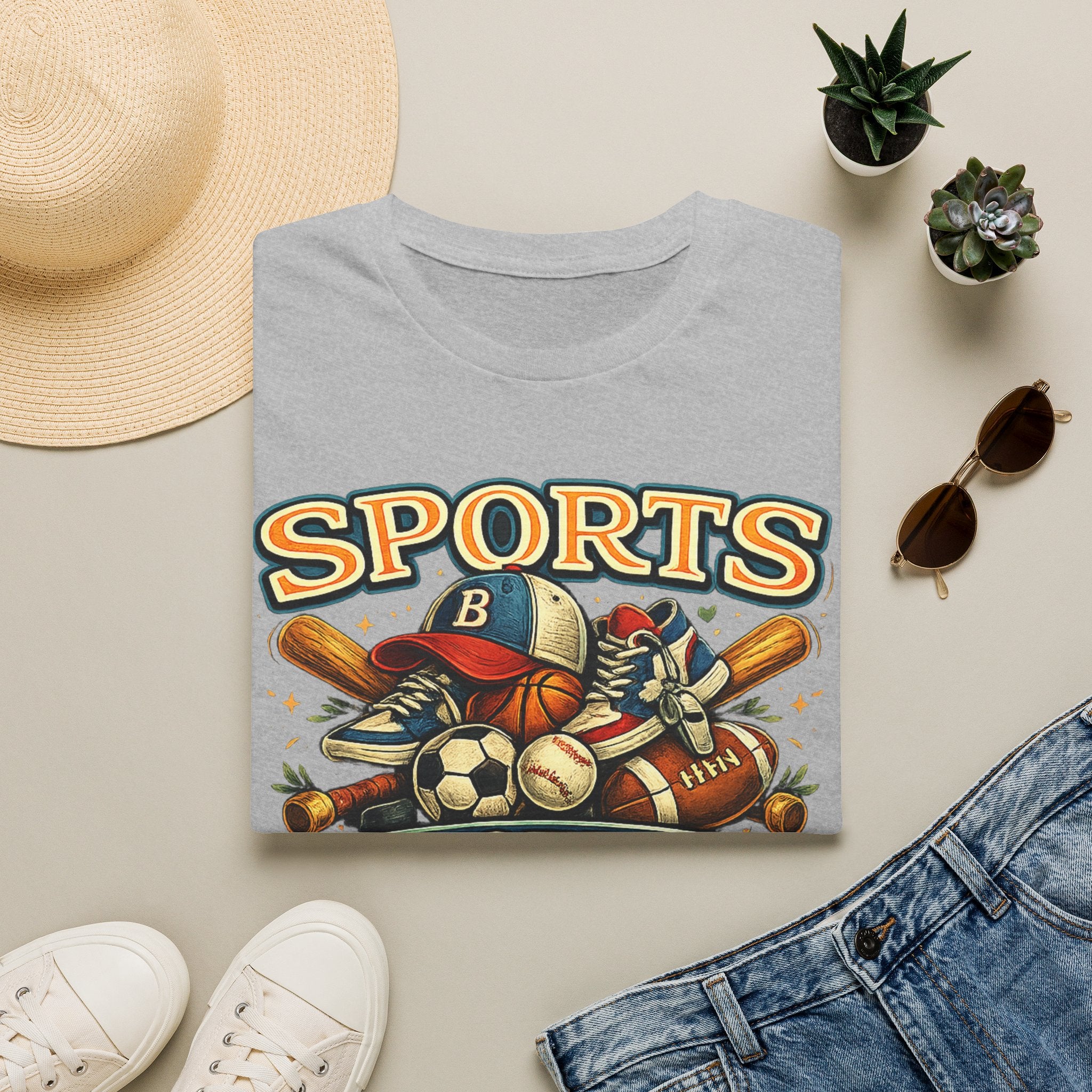 Sports Graphic T-Shirt — 'Sports' Vintage Multi-Sport Design (Baseball, Basketball, Soccer)