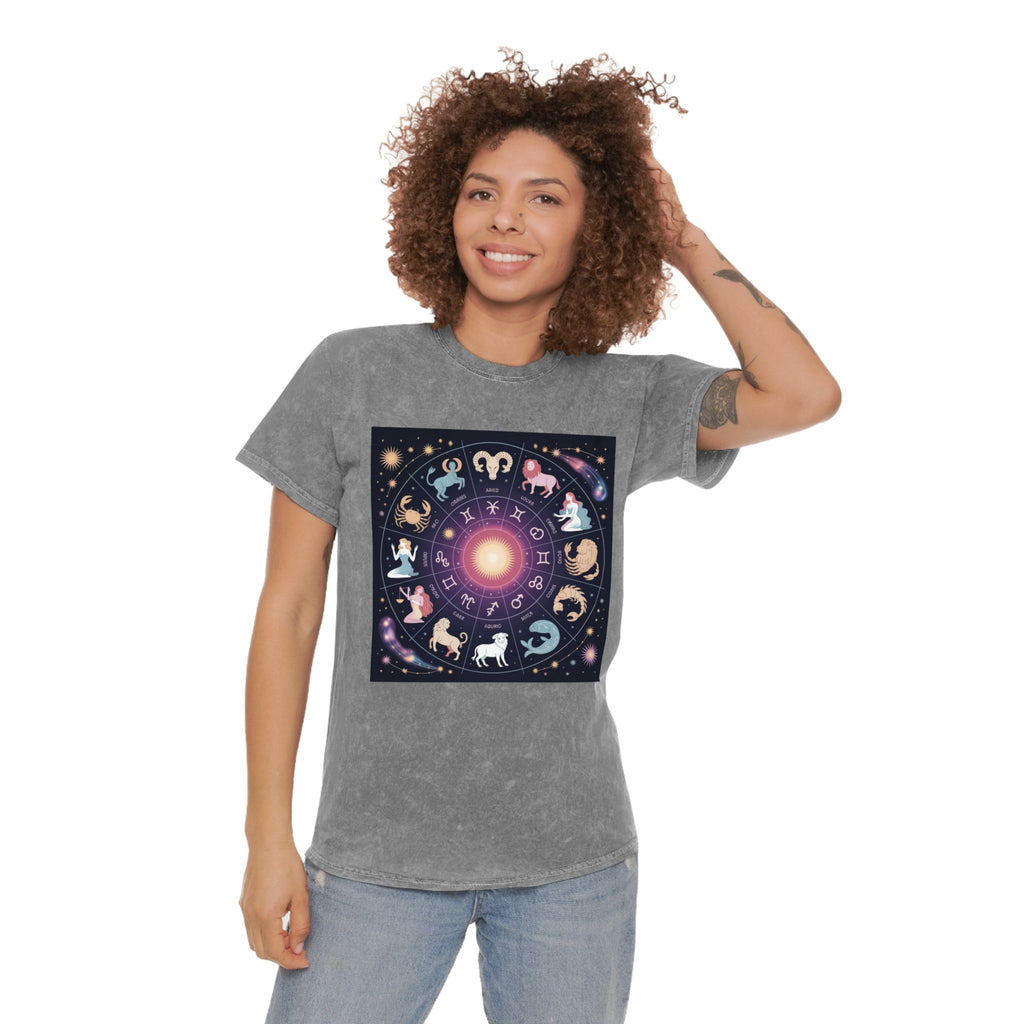 T-shirt Délavé à Motifs Zodiaque — Tee-shirt Coloré Signes Astrologiques