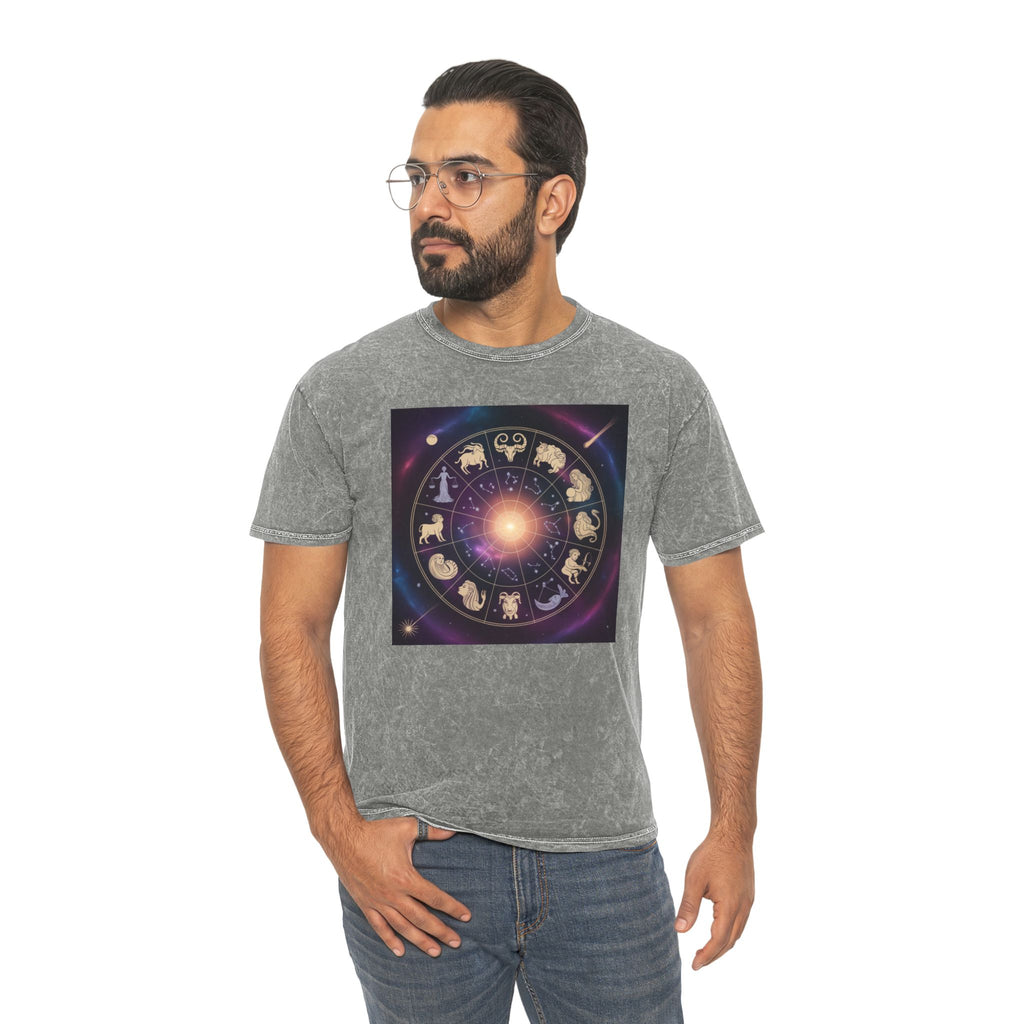 T-shirt délavé en minéral Roue du Zodiaque — T-shirt signes astrologiques cosmiques