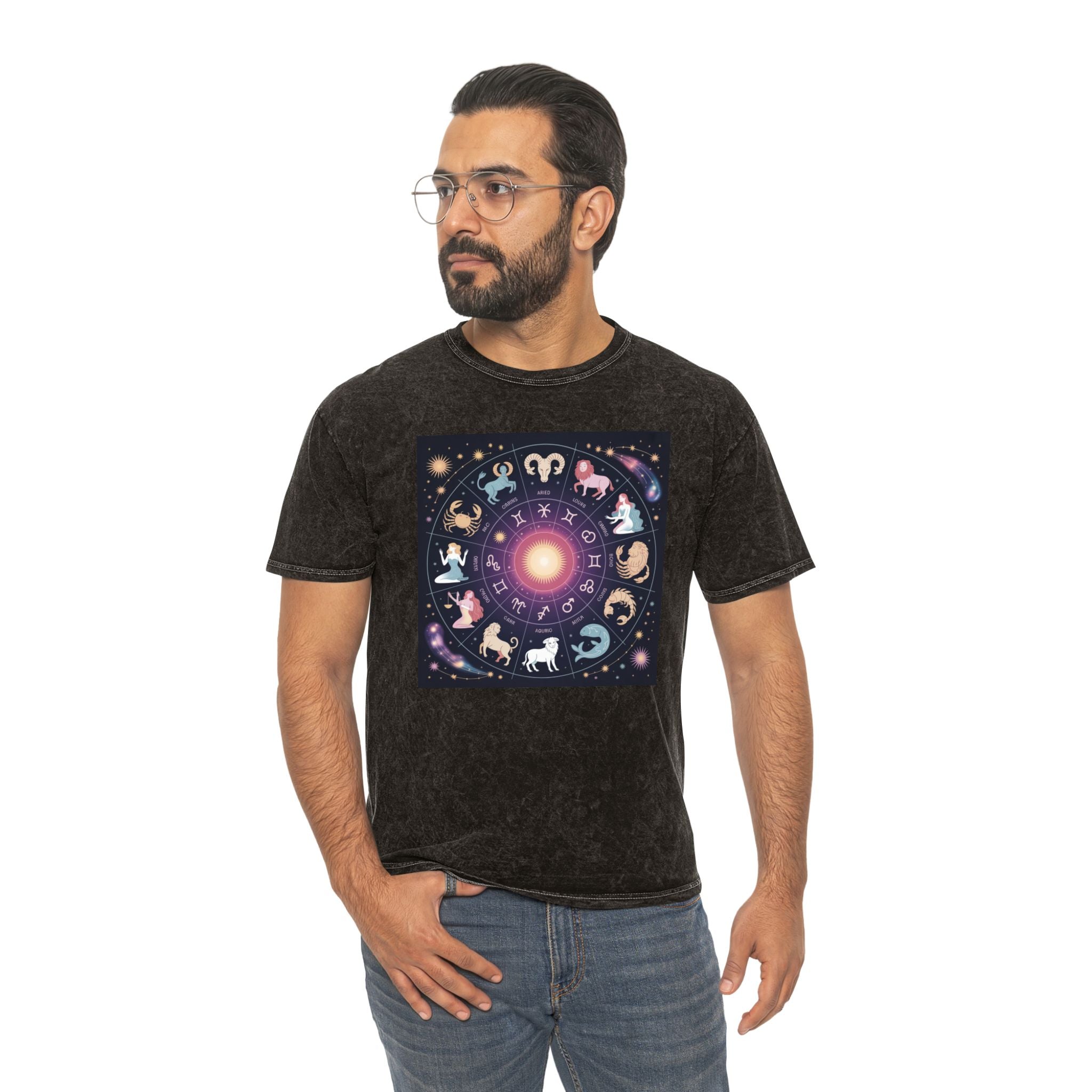 T-shirt Délavé à Motifs Zodiaque — Tee-shirt Coloré Signes Astrologiques