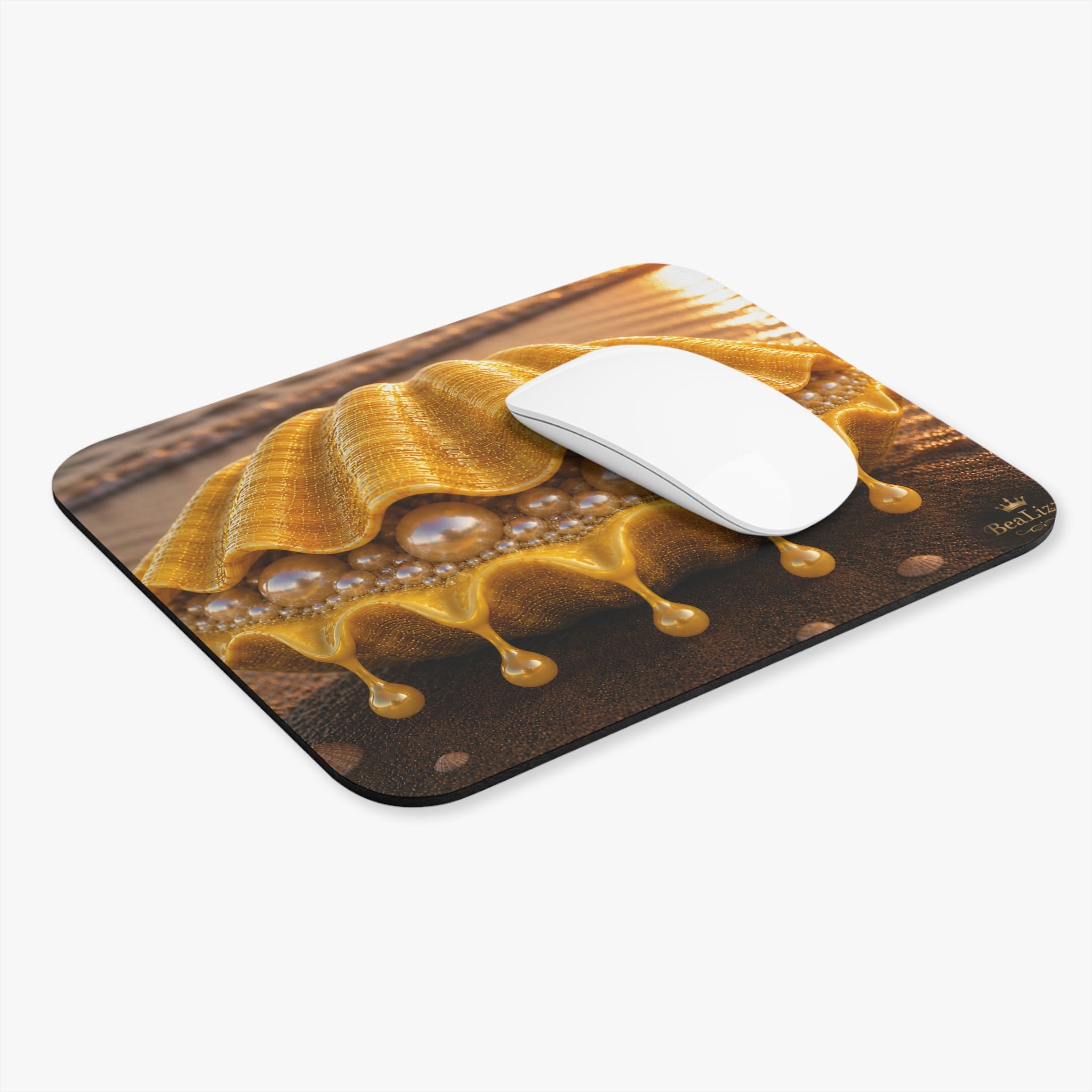 Golden Pearl Seashell Mouse Pad — Luxurious Coastal Desk Mat