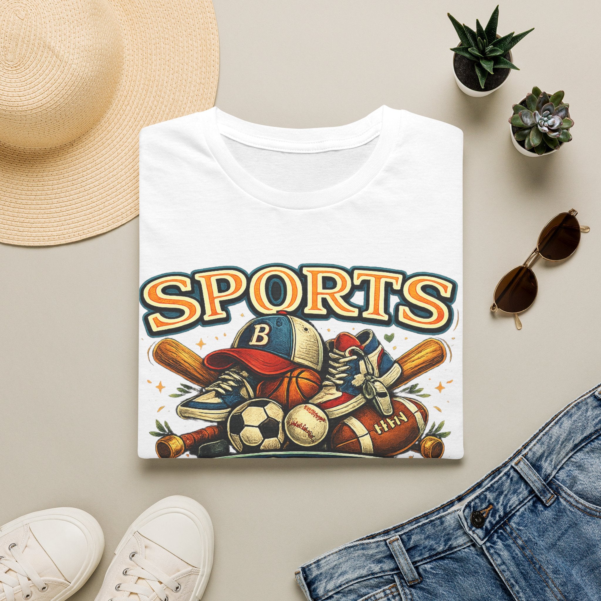 Sports Graphic T-Shirt — 'Sports' Vintage Multi-Sport Design (Baseball, Basketball, Soccer)