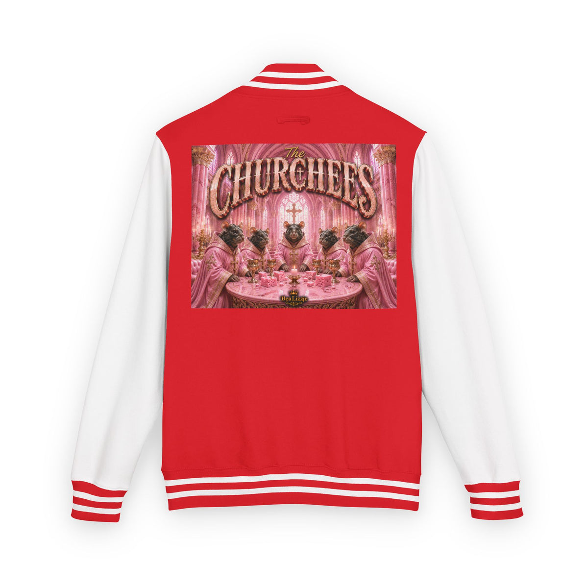 Letterman Jacket — Pink 'Churchees' Vintage Dinner Graphic