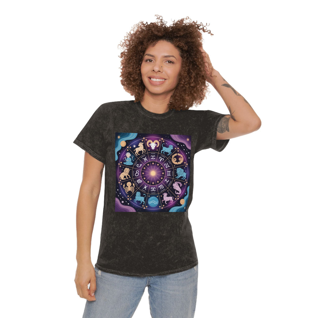 T-shirt délavé en minéraux Roue du Zodiaque – T-shirt coloré Signes astrologiques