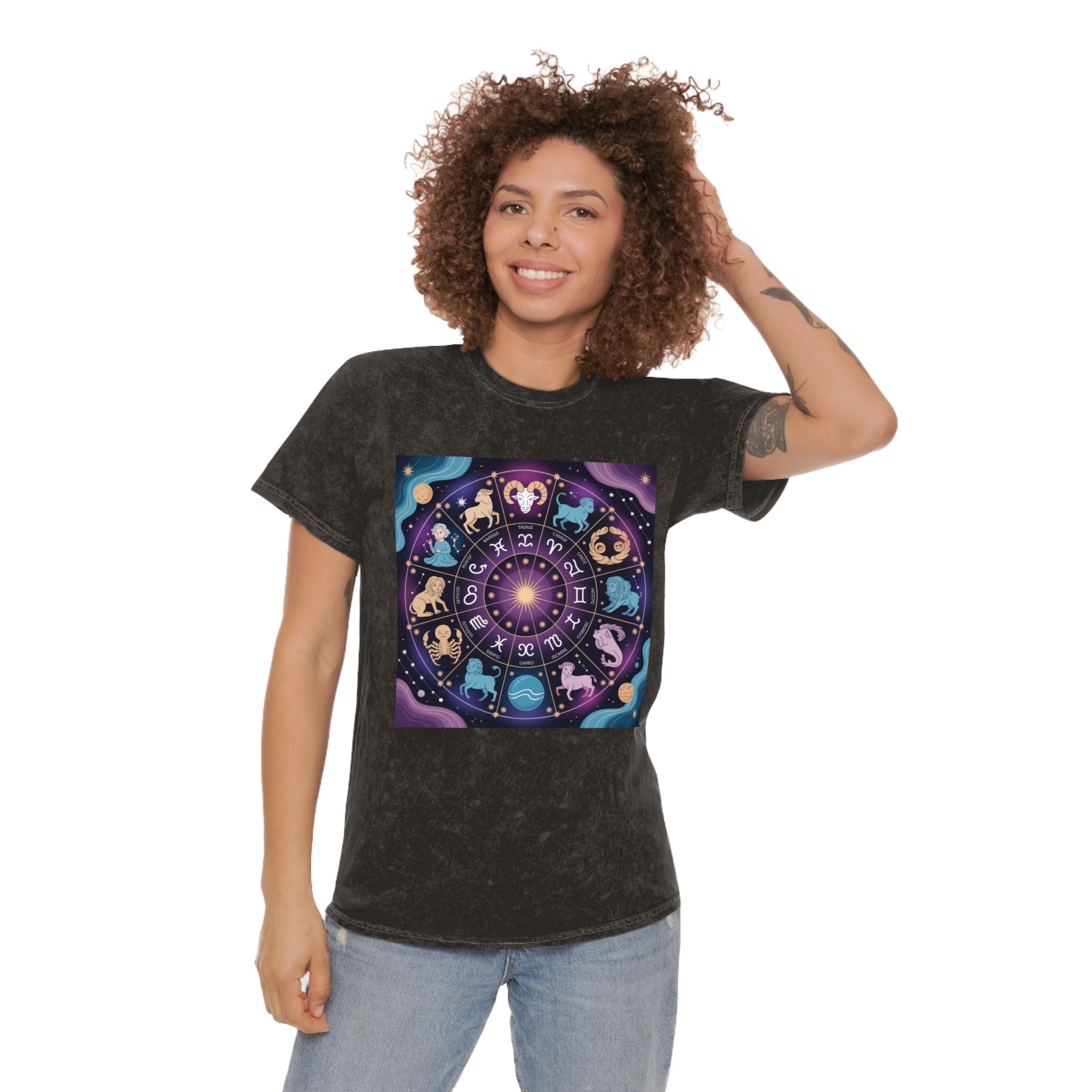 T-shirt délavé en minéraux Roue du Zodiaque – T-shirt coloré Signes astrologiques