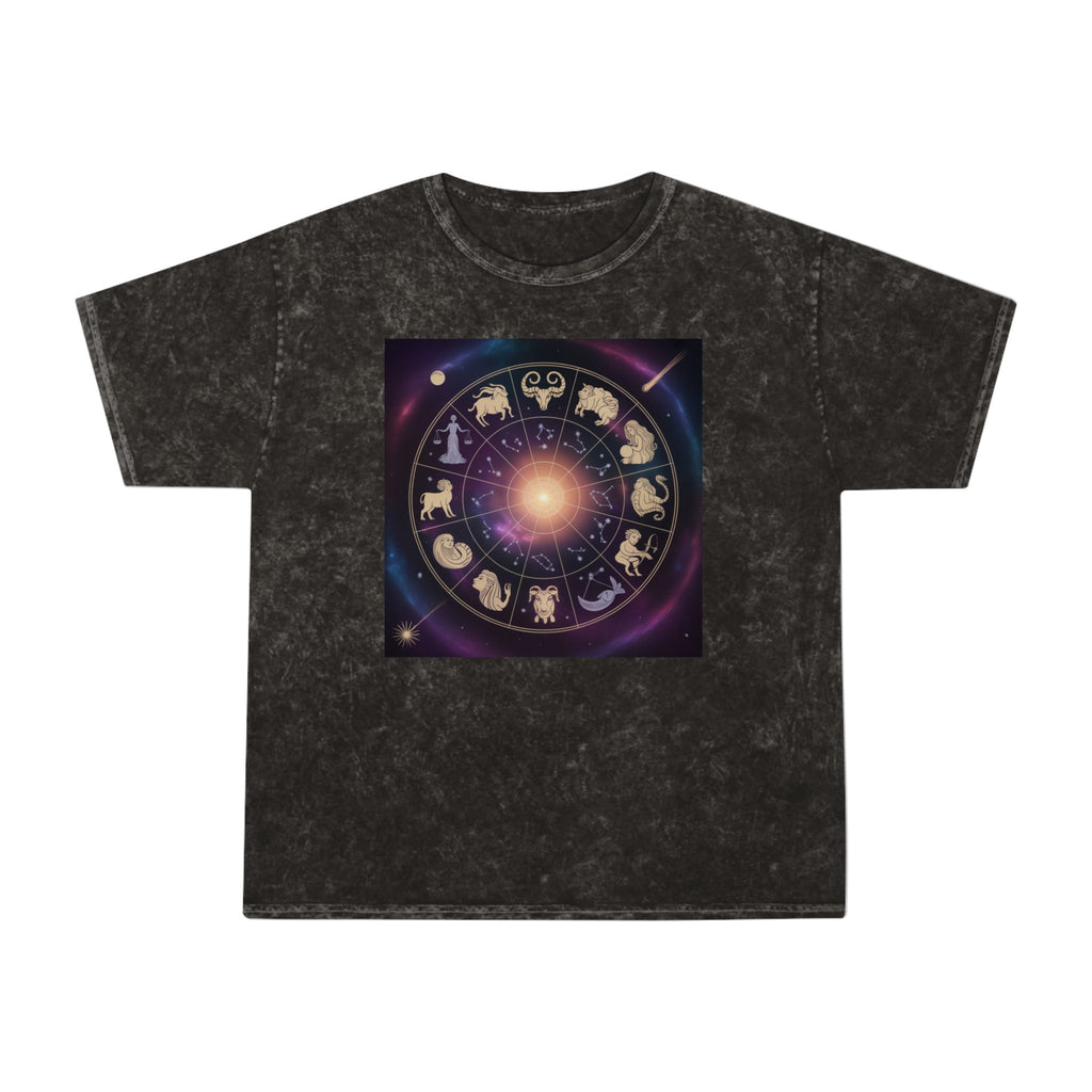 T-shirt délavé en minéral Roue du Zodiaque — T-shirt signes astrologiques cosmiques