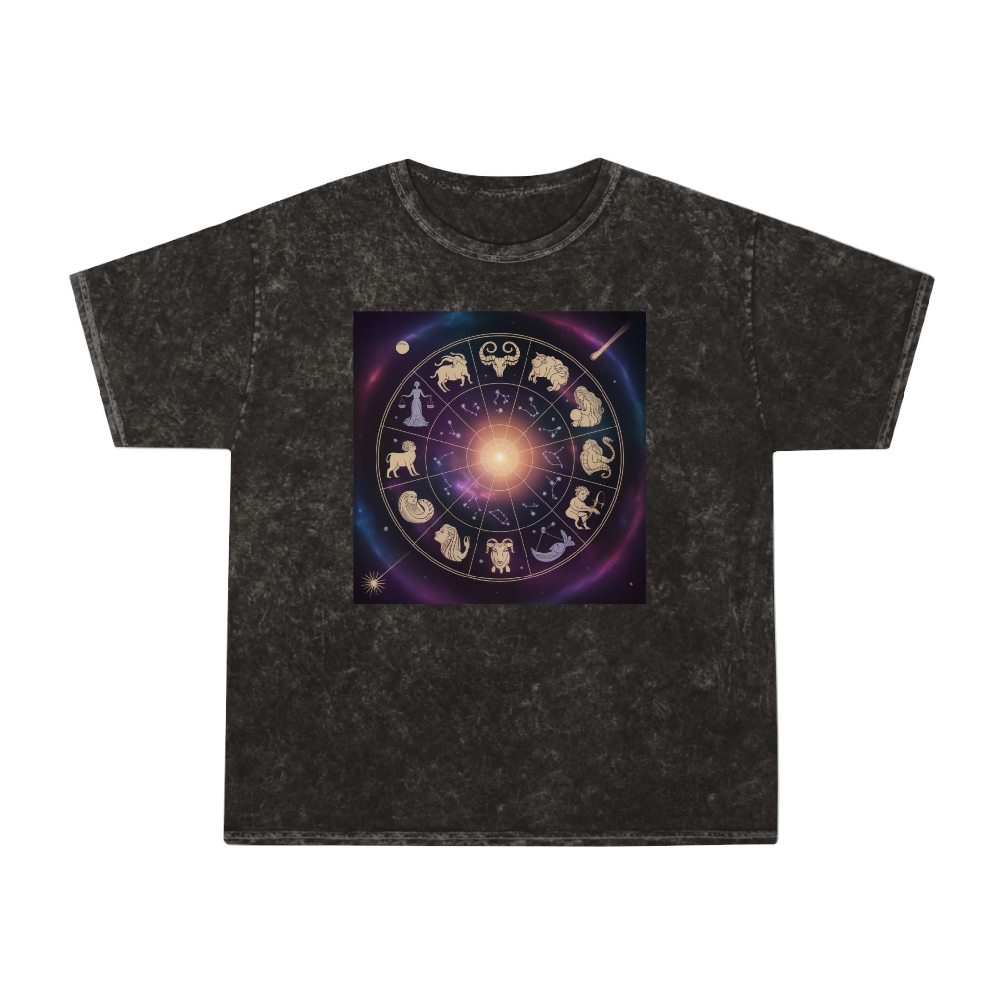 T-shirt délavé en minéral Roue du Zodiaque — T-shirt signes astrologiques cosmiques