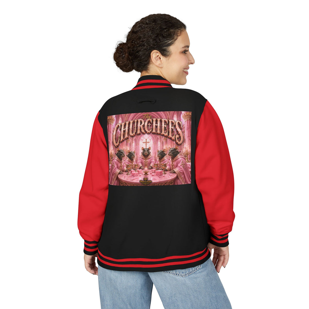 Letterman Jacket — Pink 'Churchees' Vintage Dinner Graphic