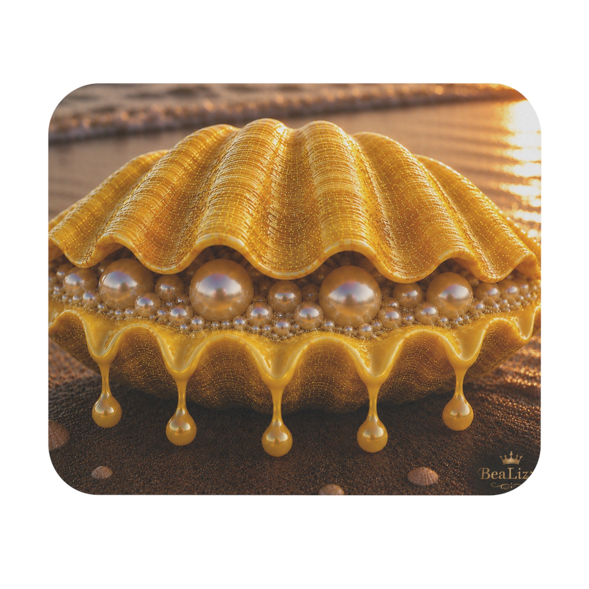 Golden Pearl Seashell Mouse Pad — Luxurious Coastal Desk Mat