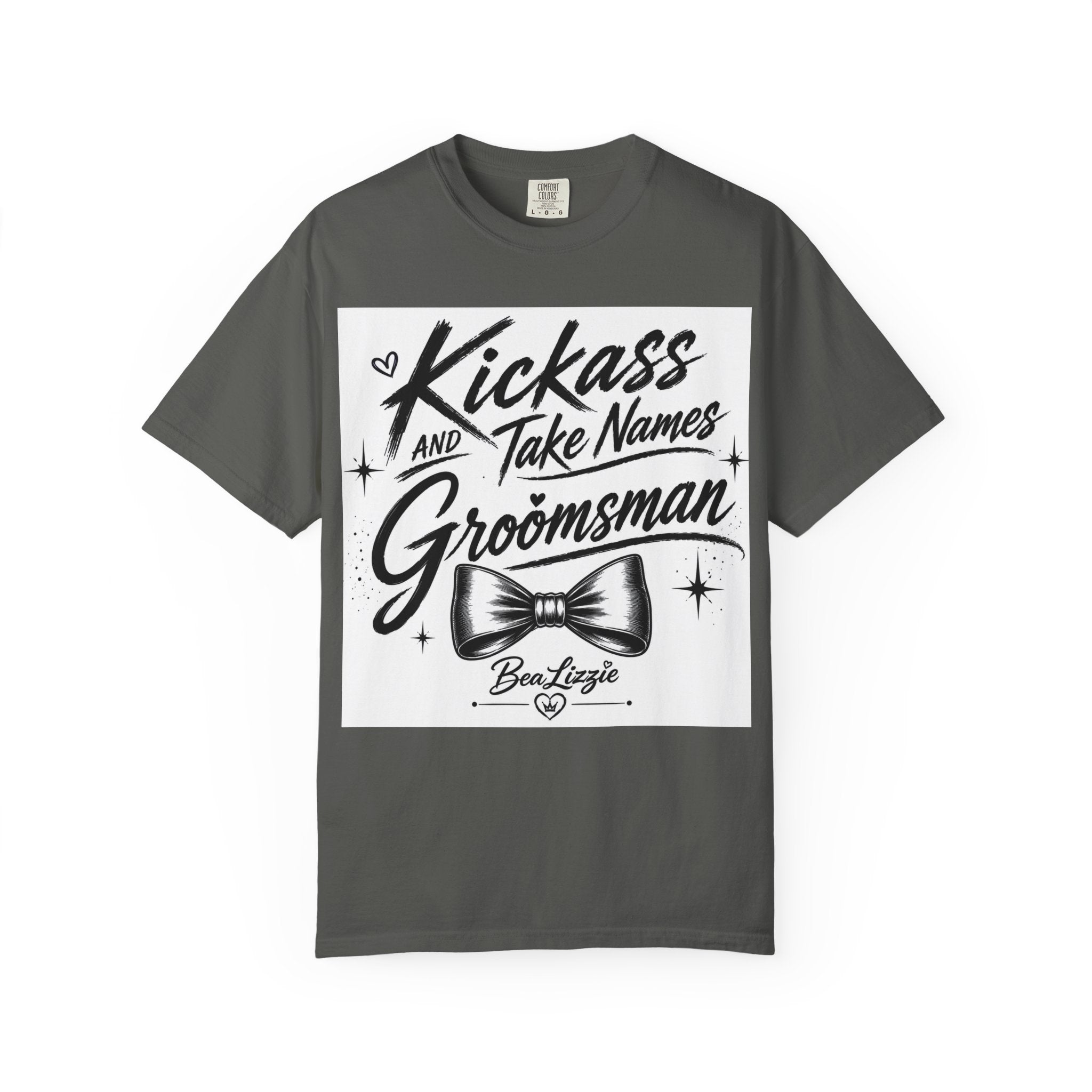 Kickass and Take Names Groomsman T-Shirt — Funny Bachelor Party Tee with Bow Tie Design