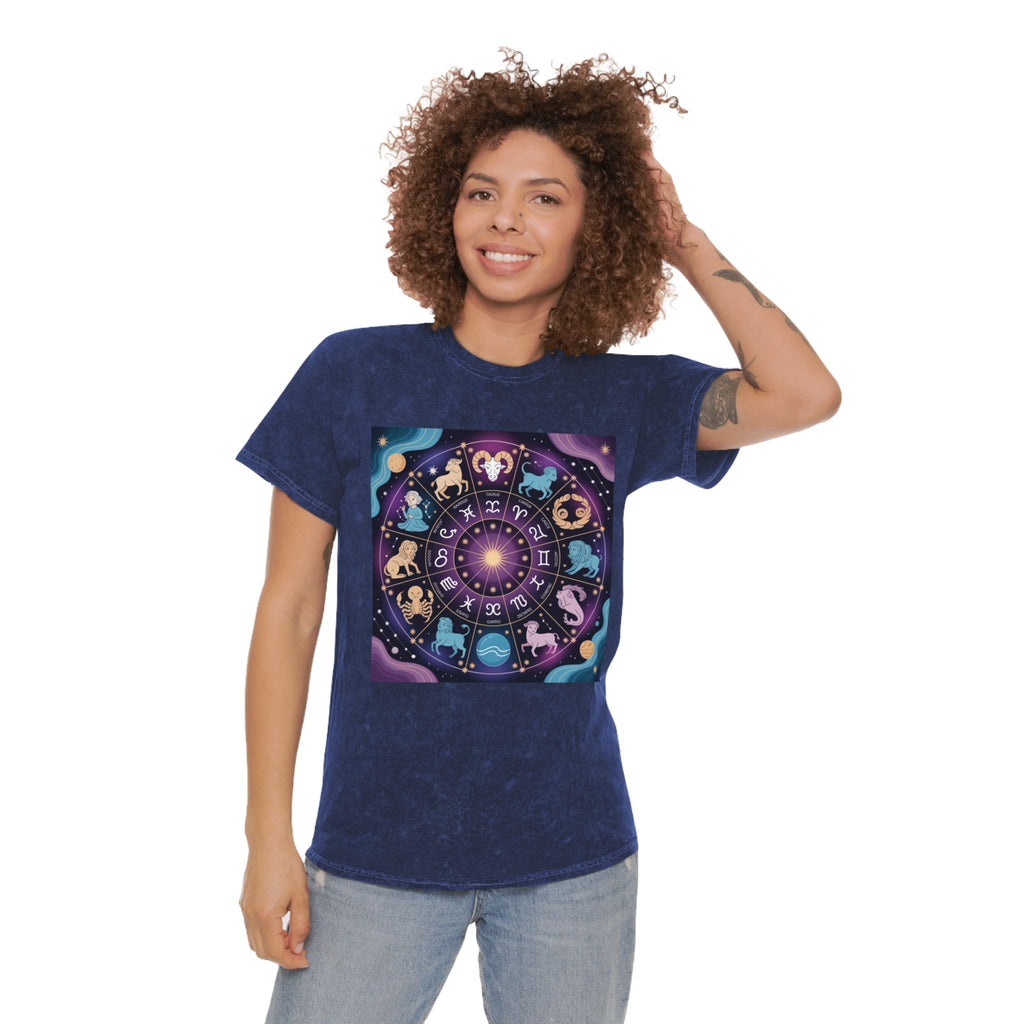 T-shirt délavé en minéraux Roue du Zodiaque – T-shirt coloré Signes astrologiques