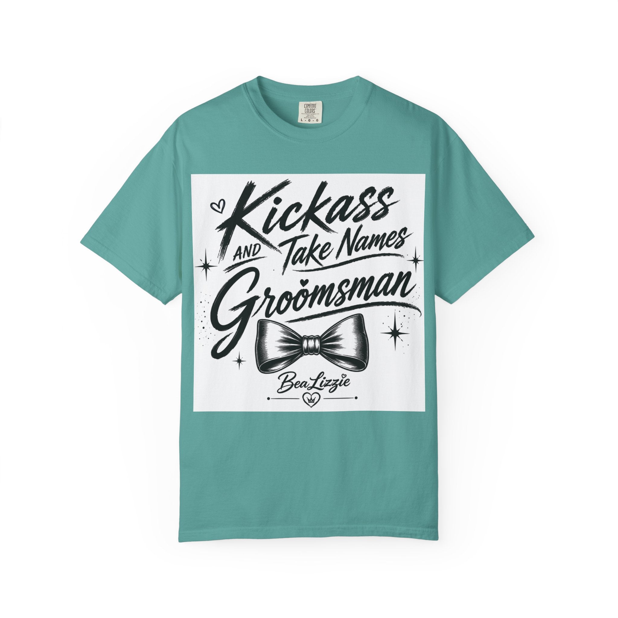 Kickass and Take Names Groomsman T-Shirt — Funny Bachelor Party Tee with Bow Tie Design