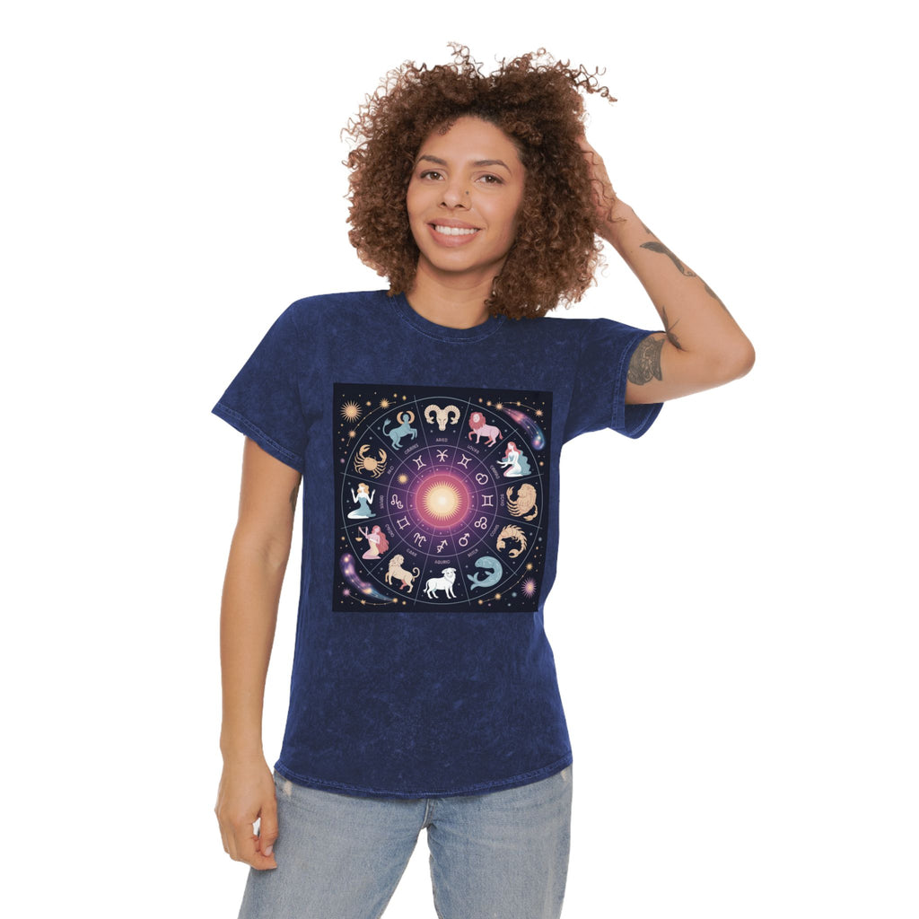 T-shirt Délavé à Motifs Zodiaque — Tee-shirt Coloré Signes Astrologiques