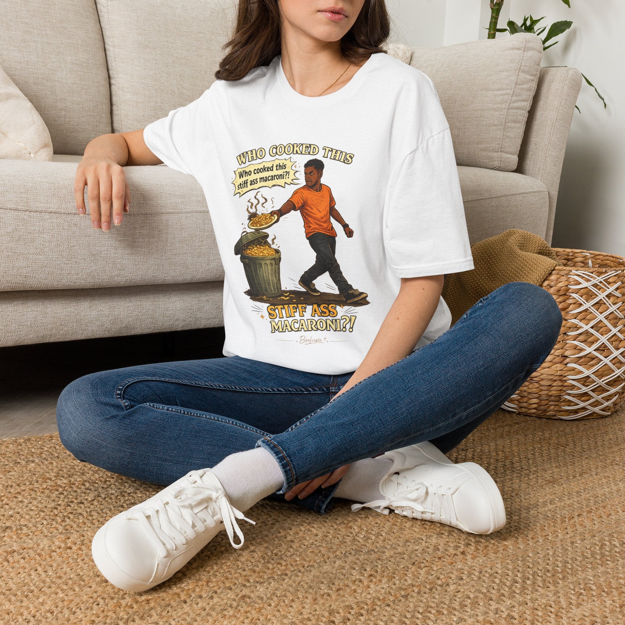 T-Shirt — “Who Cooked This? Who cooked this stiff ass macaroni?” Funny Vintage Meme Tee