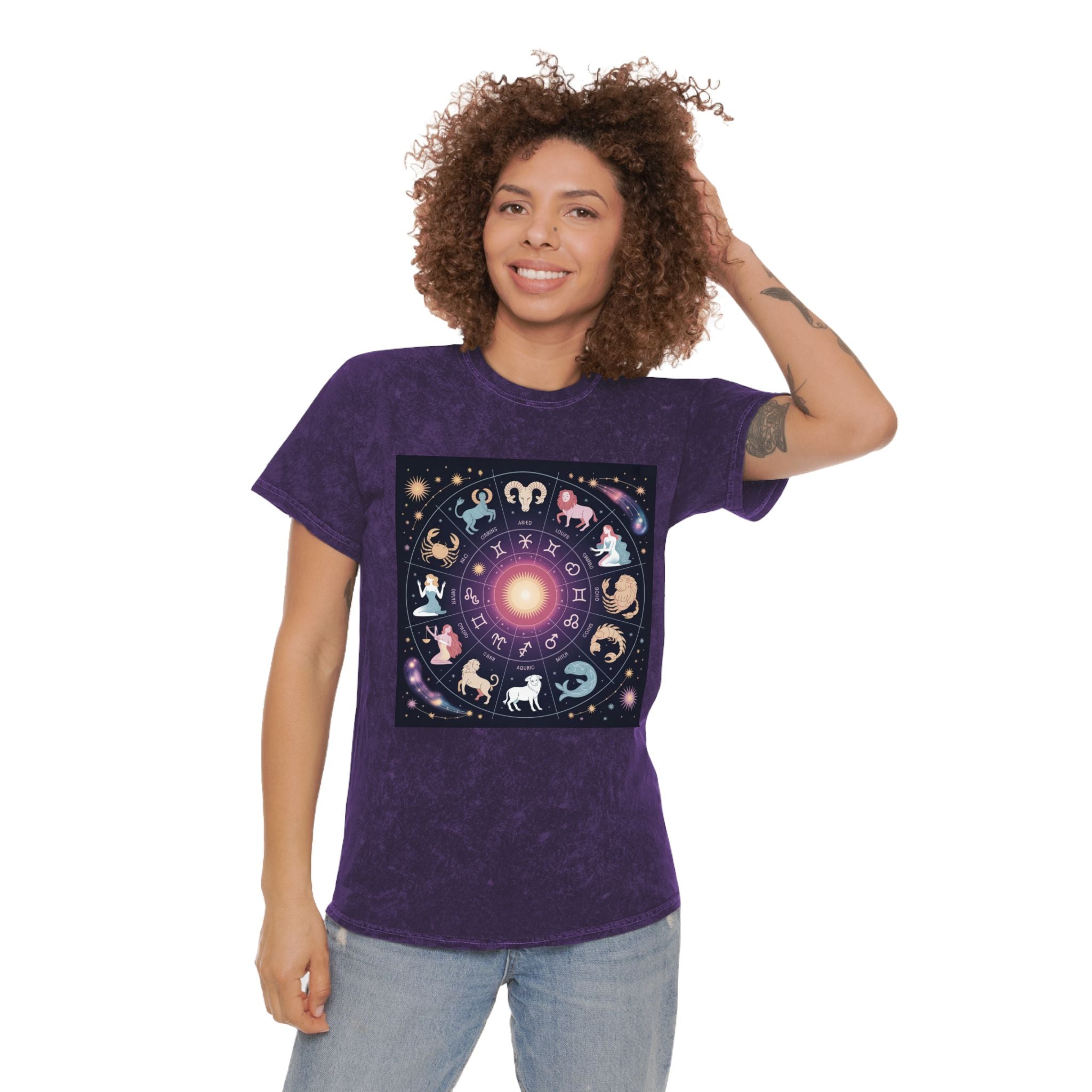 T-shirt Délavé à Motifs Zodiaque — Tee-shirt Coloré Signes Astrologiques