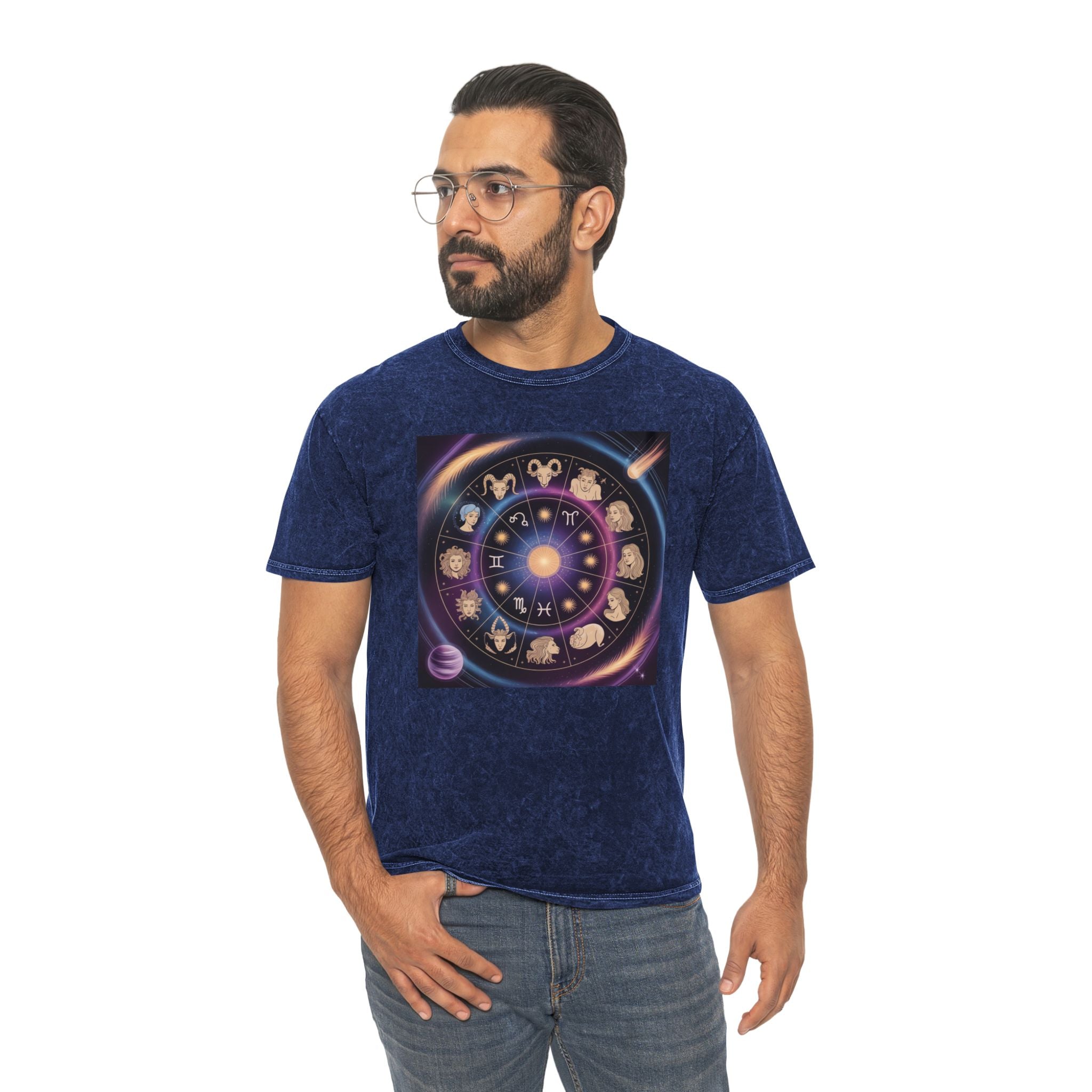 T-shirt graphique Roue du zodiaque — T-shirt délavé aux couleurs minérales Signes astrologiques
