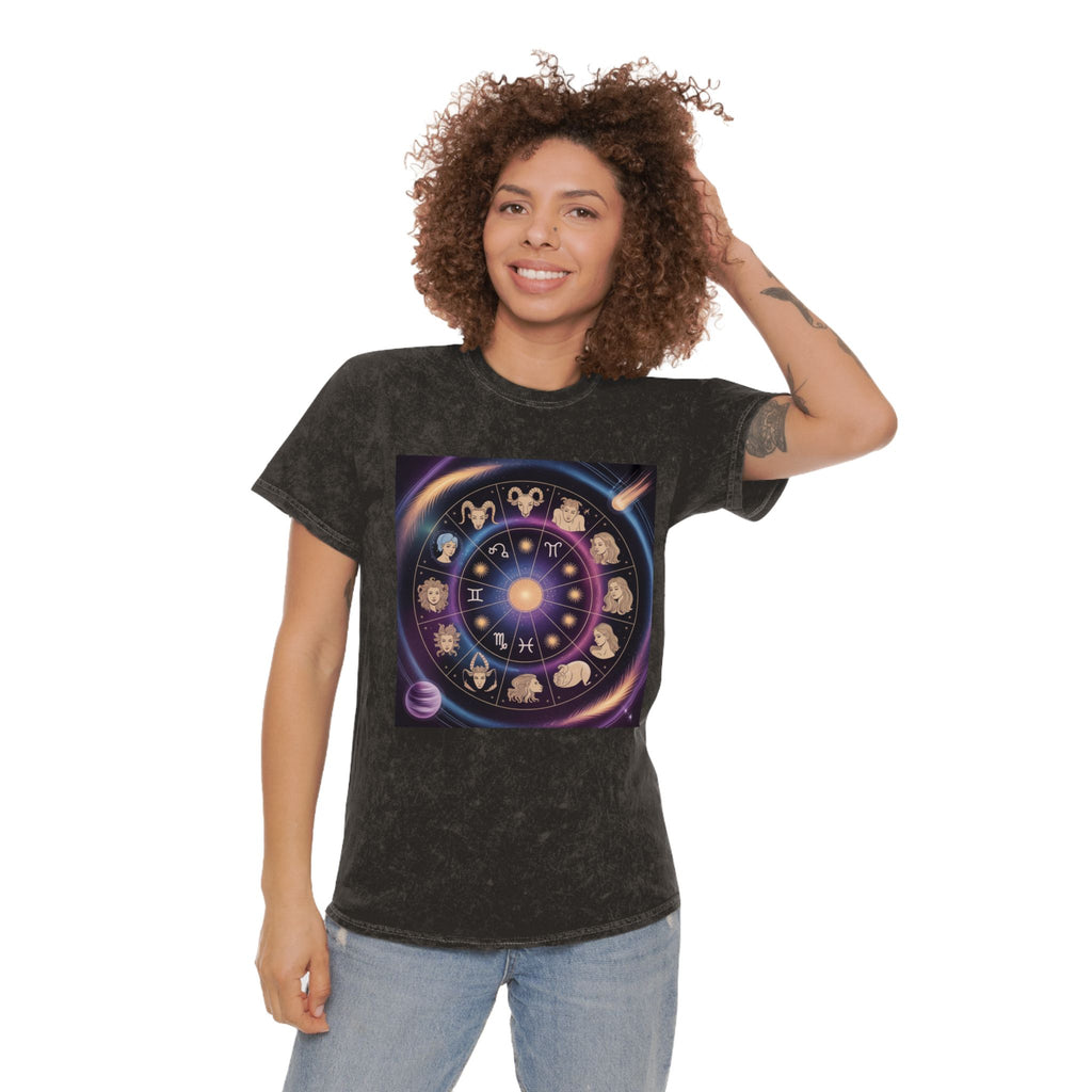 T-shirt graphique Roue du zodiaque — T-shirt délavé aux couleurs minérales Signes astrologiques