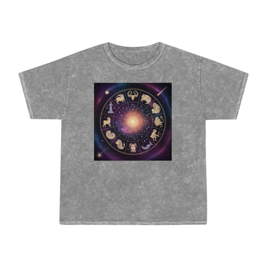 T-shirt délavé en minéral Roue du Zodiaque — T-shirt signes astrologiques cosmiques