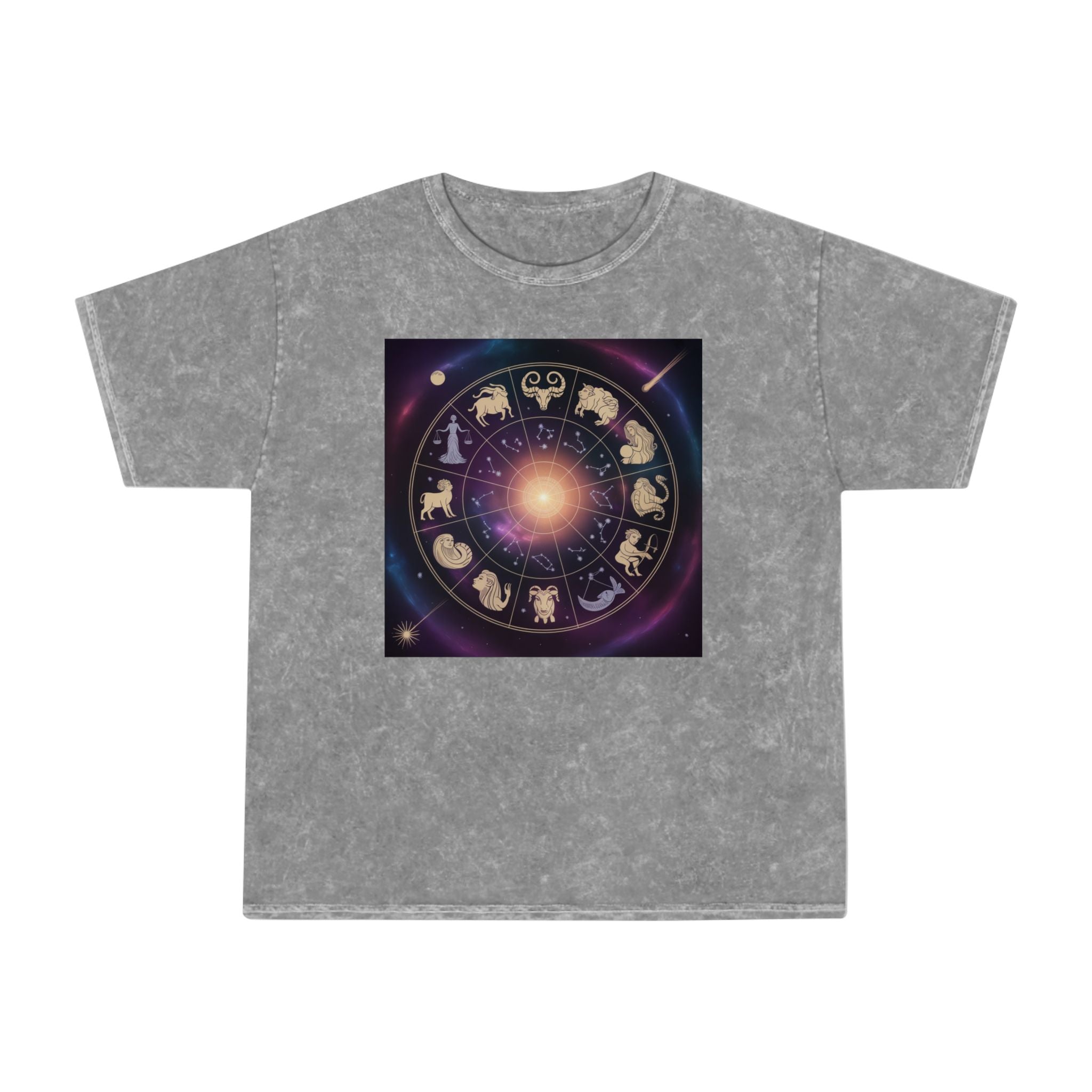 T-shirt délavé en minéral Roue du Zodiaque — T-shirt signes astrologiques cosmiques
