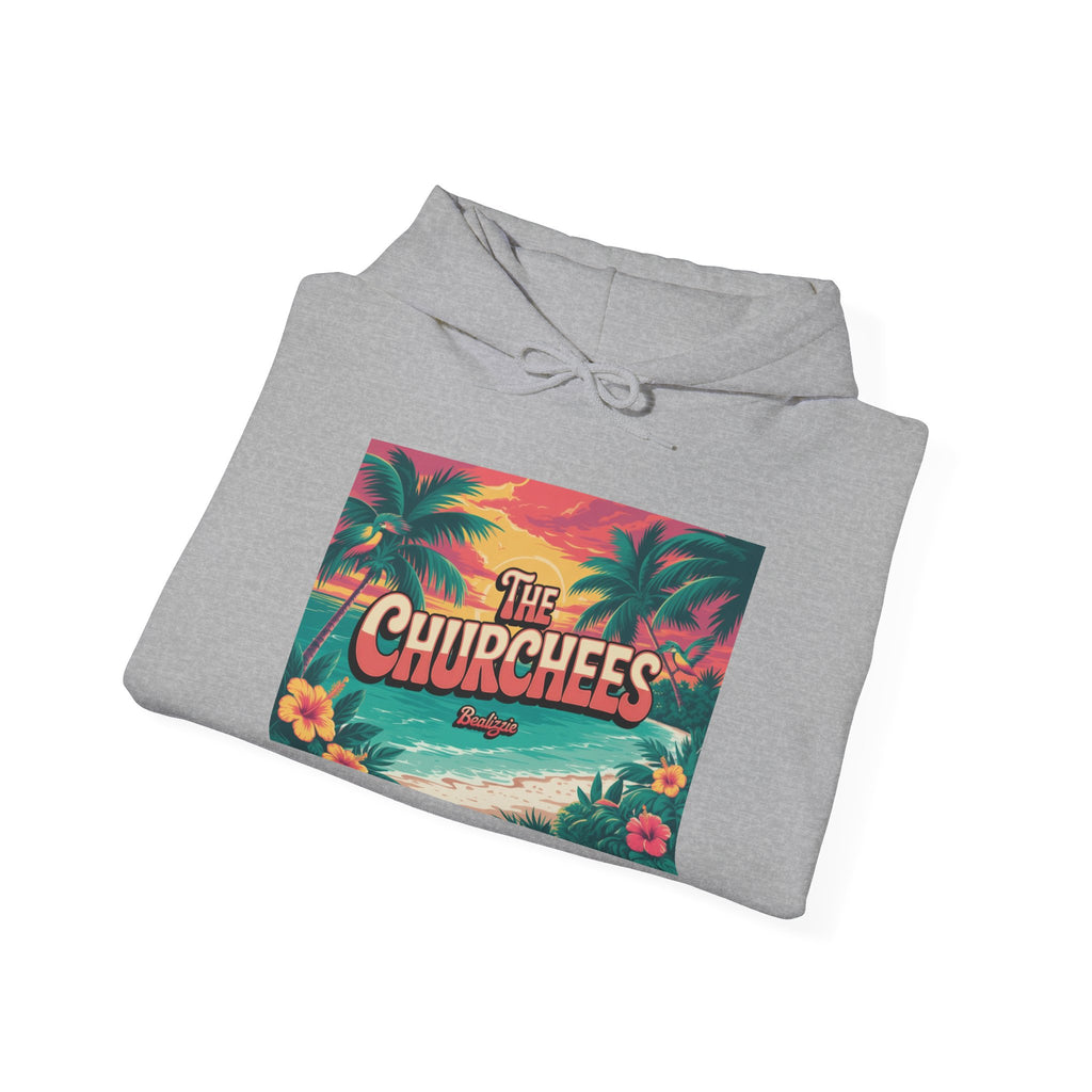 The Churchees Tropical Beach Hoodie – Retro Palm Sunset Graphic Sweatshirt