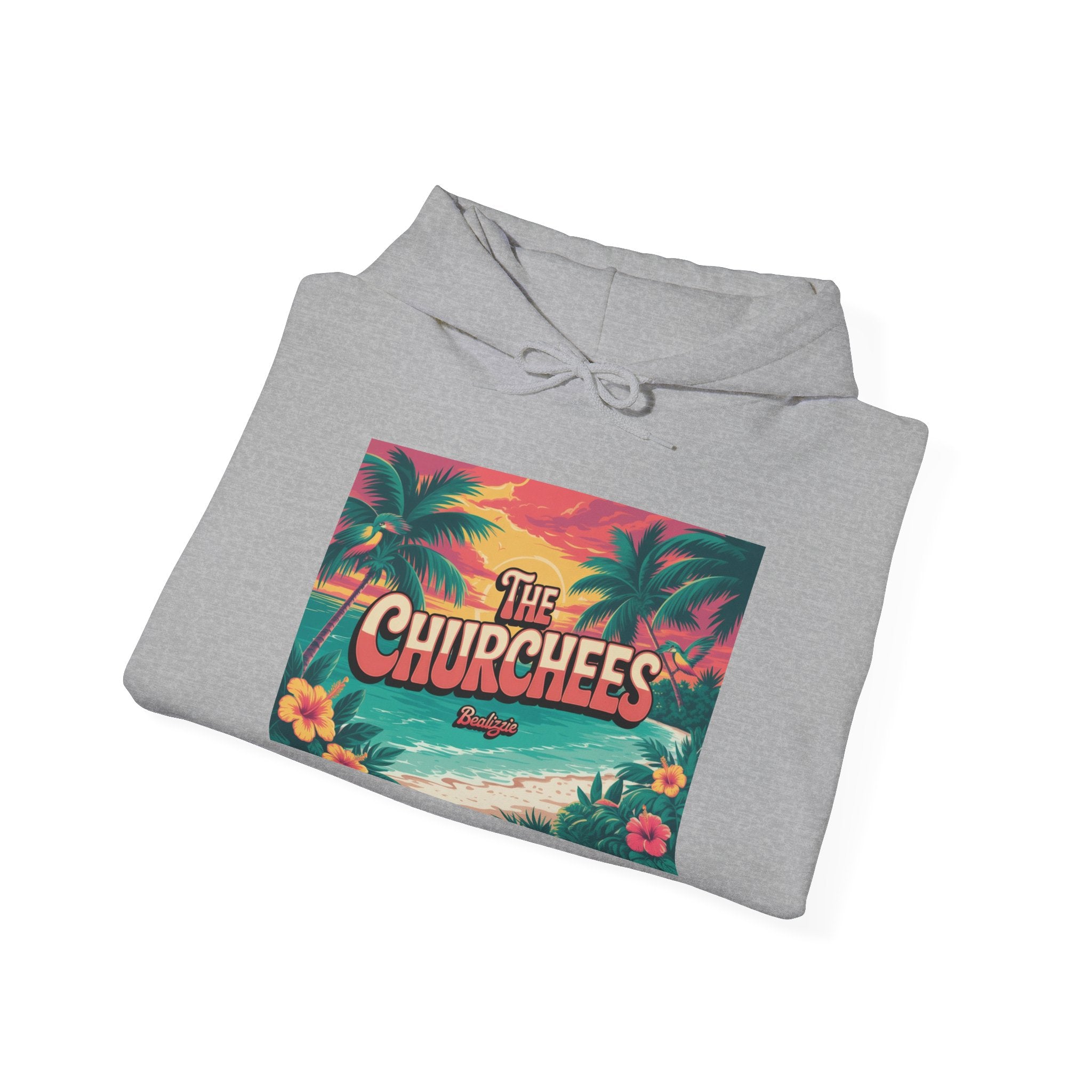 The Churchees Tropical Beach Hoodie – Retro Palm Sunset Graphic Sweatshirt