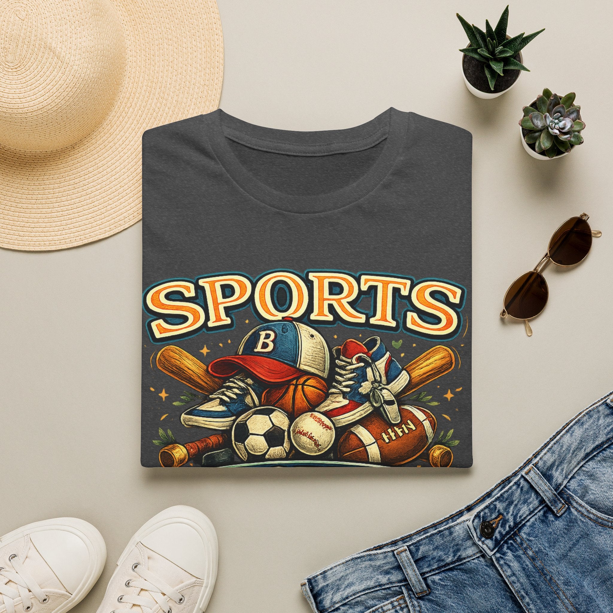 Sports Graphic T-Shirt — 'Sports' Vintage Multi-Sport Design (Baseball, Basketball, Soccer)