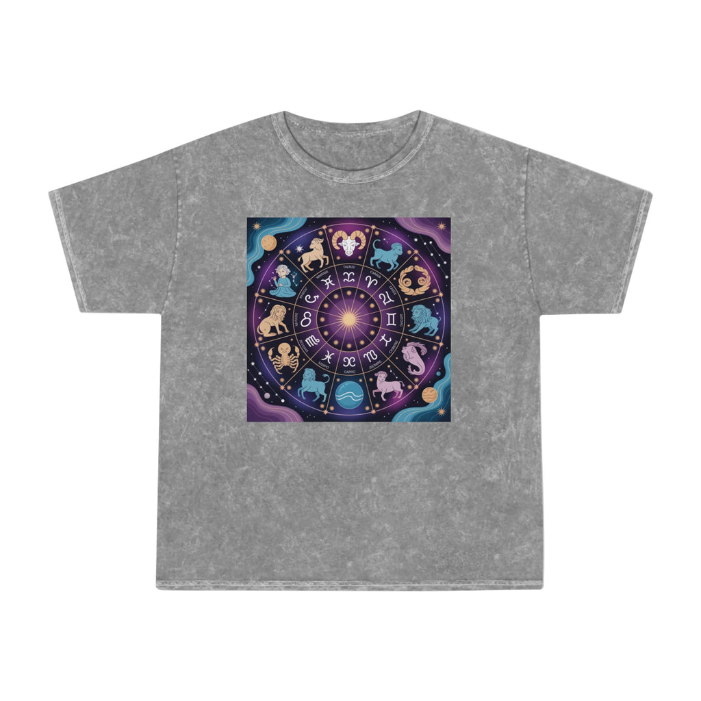 T-shirt délavé en minéraux Roue du Zodiaque – T-shirt coloré Signes astrologiques