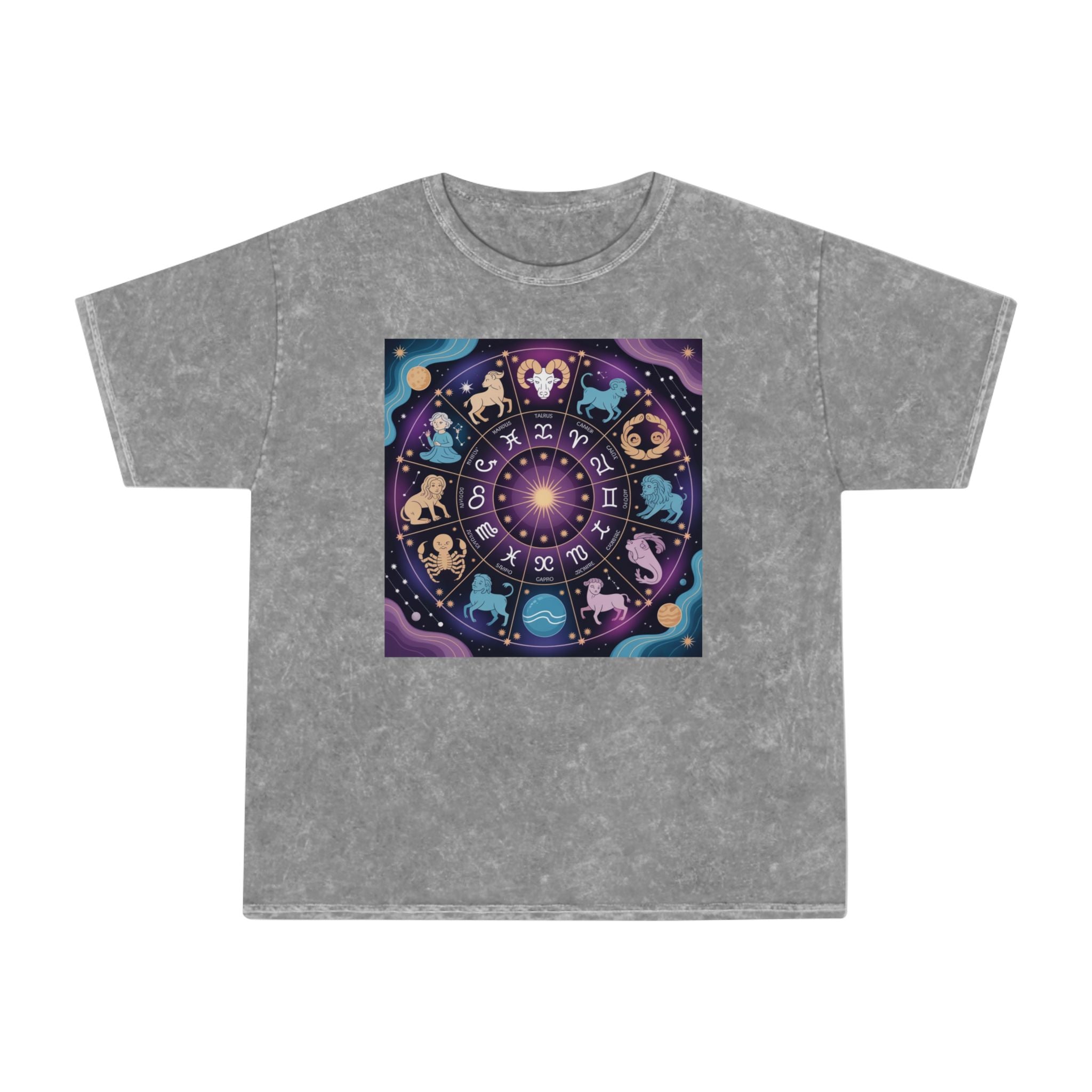 T-shirt délavé en minéraux Roue du Zodiaque – T-shirt coloré Signes astrologiques