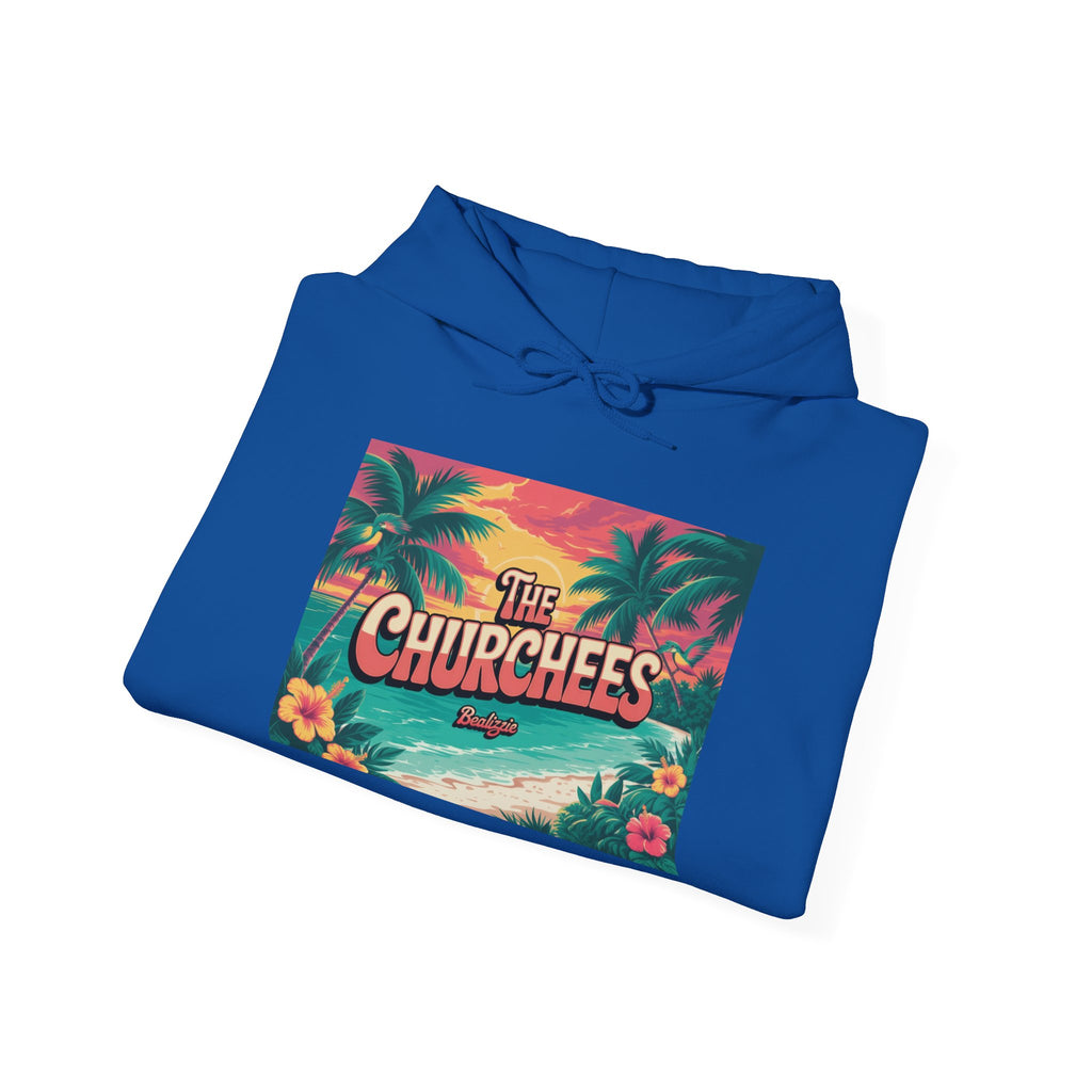 The Churchees Tropical Beach Hoodie – Retro Palm Sunset Graphic Sweatshirt