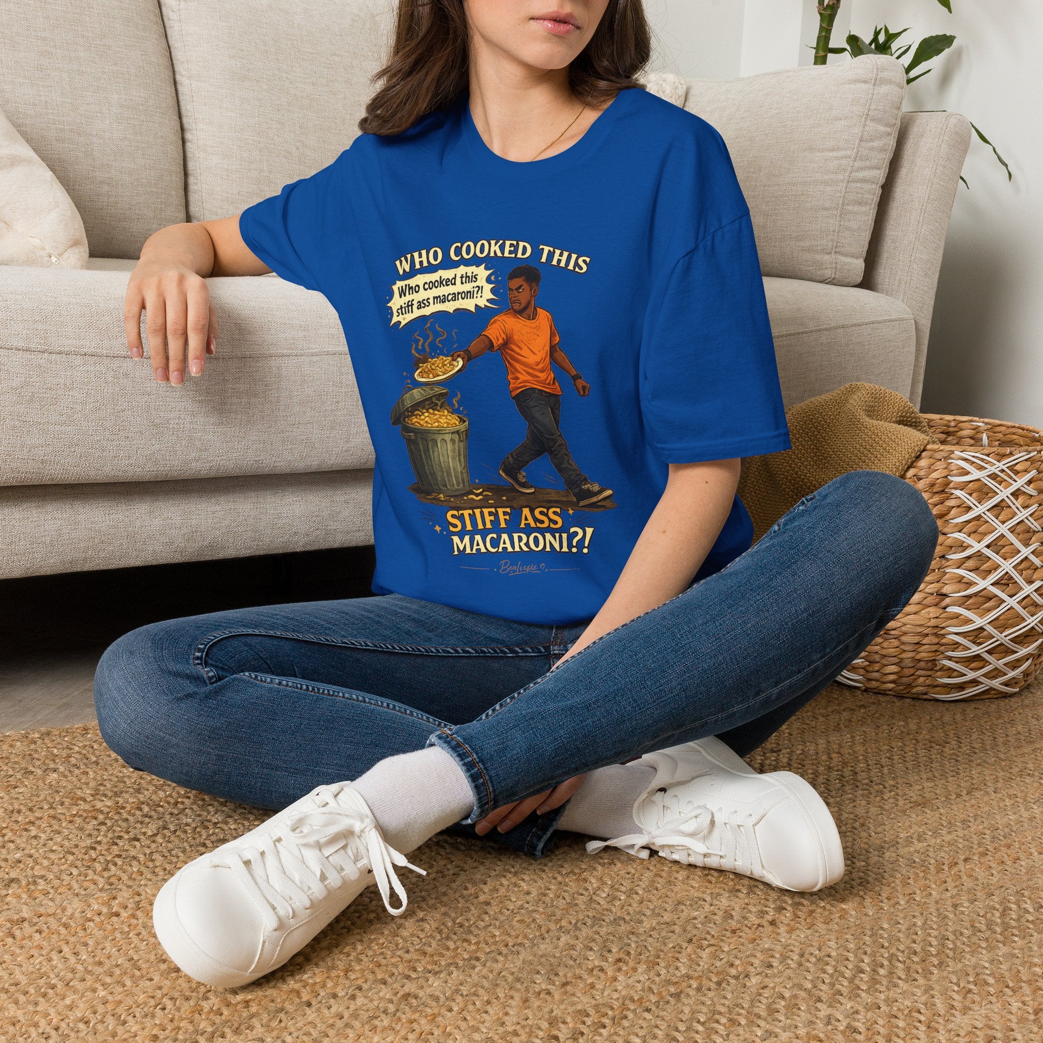T-Shirt — “Who Cooked This? Who cooked this stiff ass macaroni?” Funny Vintage Meme Tee