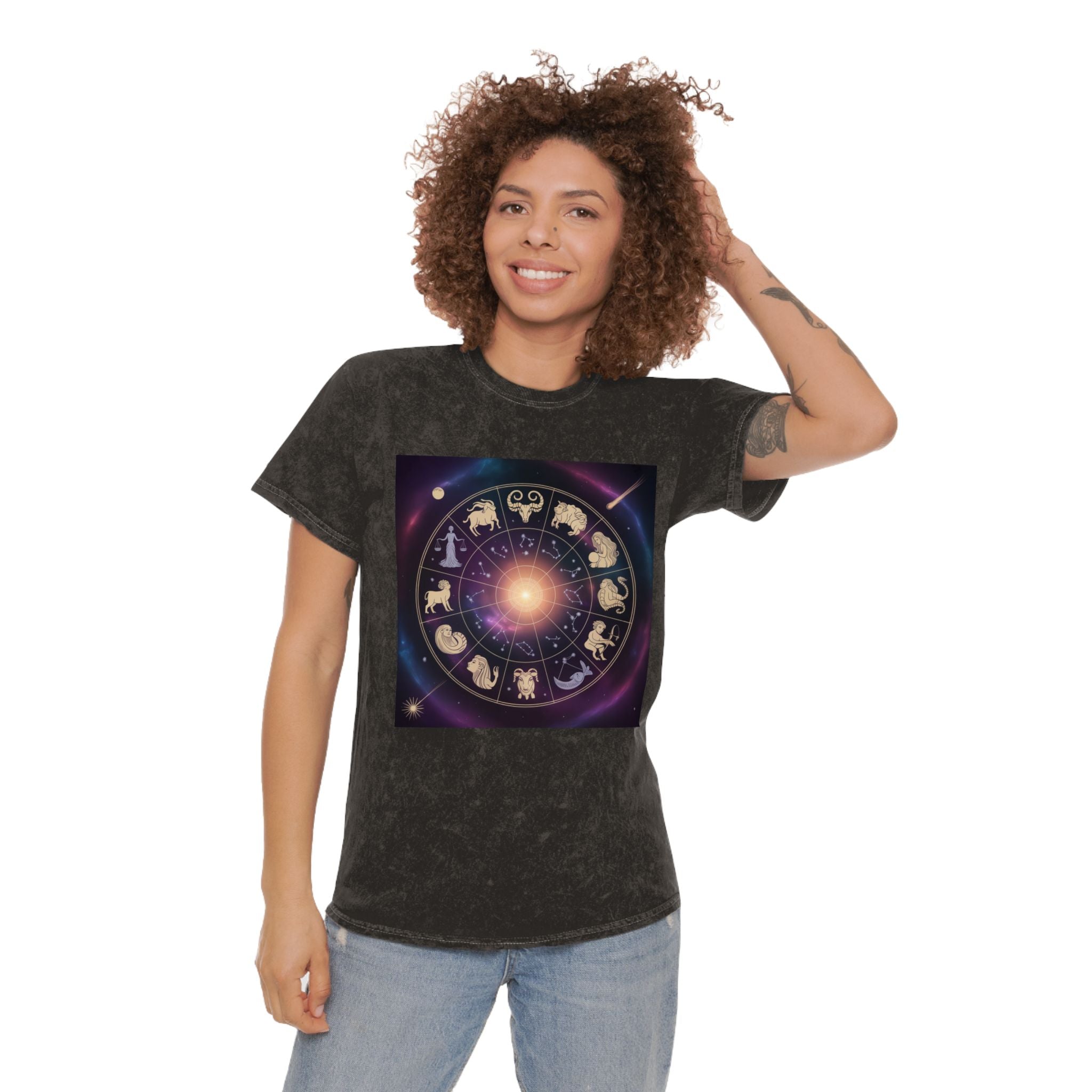 T-shirt délavé en minéral Roue du Zodiaque — T-shirt signes astrologiques cosmiques