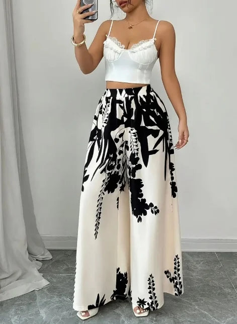 Women Black Ink Floral Print Wide Leg Pants Elastic High Waist Silky Satin Palazzo Trousers Summer Vacation Casual Loose Long Pants Beach Bottoms Vestidos