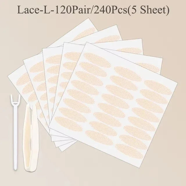 240Pcs Lace Invisible Double Eyelid Tape Clear Beige Stripe Self Adhesive Natural Eye Makeup Sticker With Auxiliary Tool For Daily Salon Cosmetic Supply
