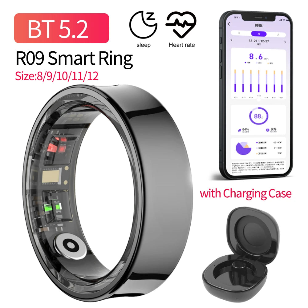 Smart Ring Waterproof 5ATM Health Fitness Rings Heart Rate Blood Oxygen Sleep Monitoring with Charging Case for IOS Android