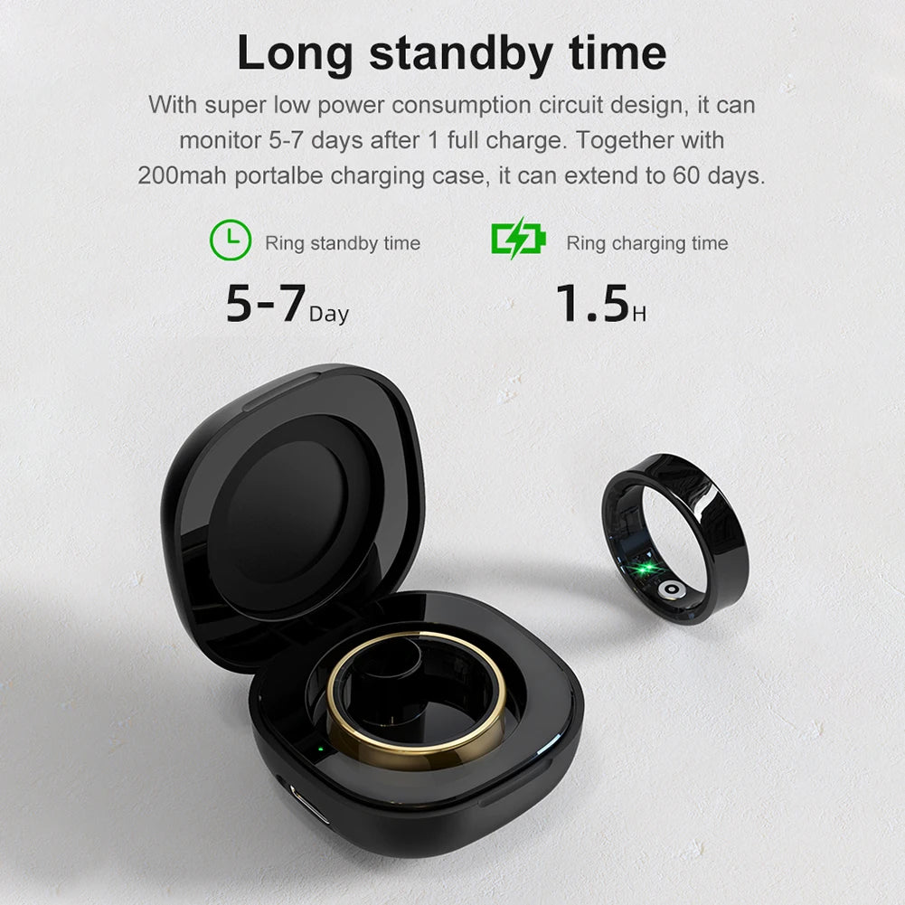 Smart Ring Waterproof 5ATM Health Fitness Rings Heart Rate Blood Oxygen Sleep Monitoring with Charging Case for IOS Android