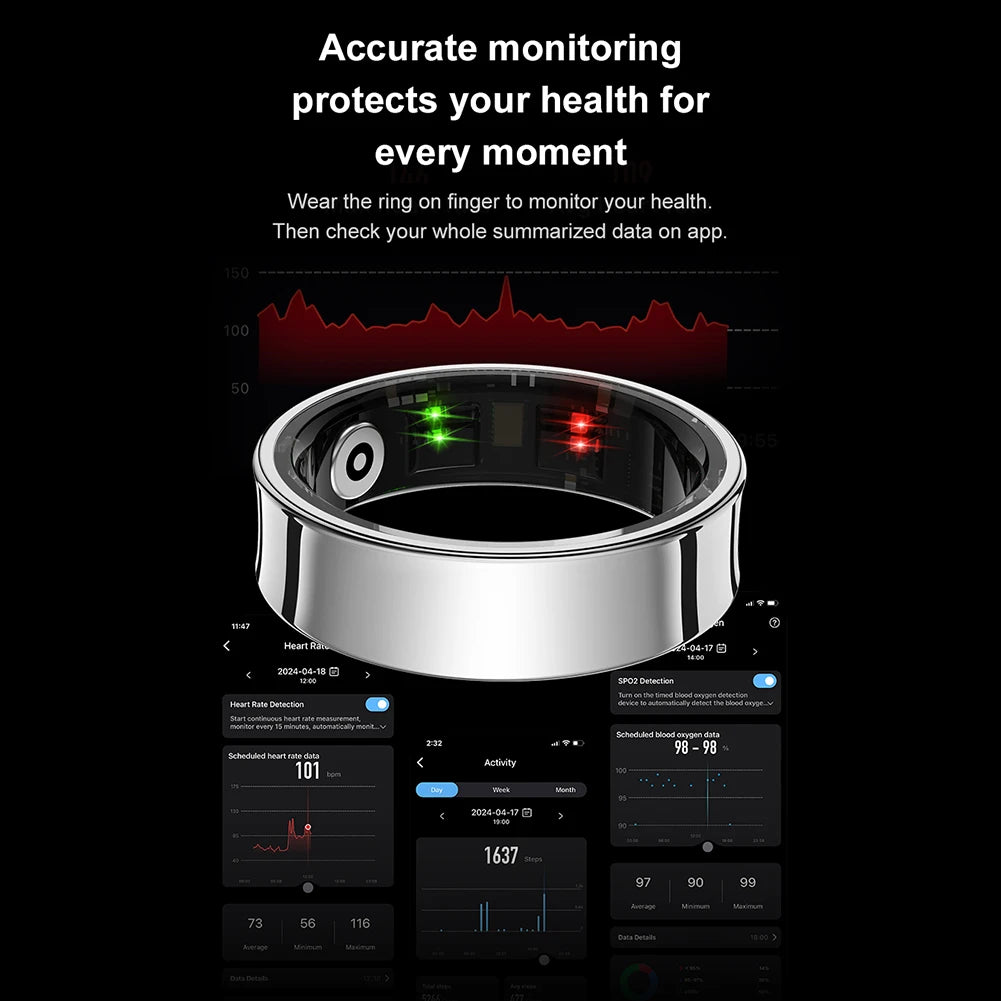 Smart Ring Waterproof 5ATM Health Fitness Rings Heart Rate Blood Oxygen Sleep Monitoring with Charging Case for IOS Android