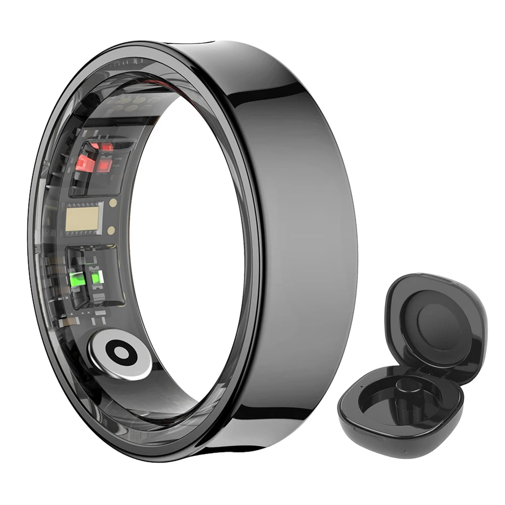 Smart Ring Waterproof 5ATM Health Fitness Rings Heart Rate Blood Oxygen Sleep Monitoring with Charging Case for IOS Android