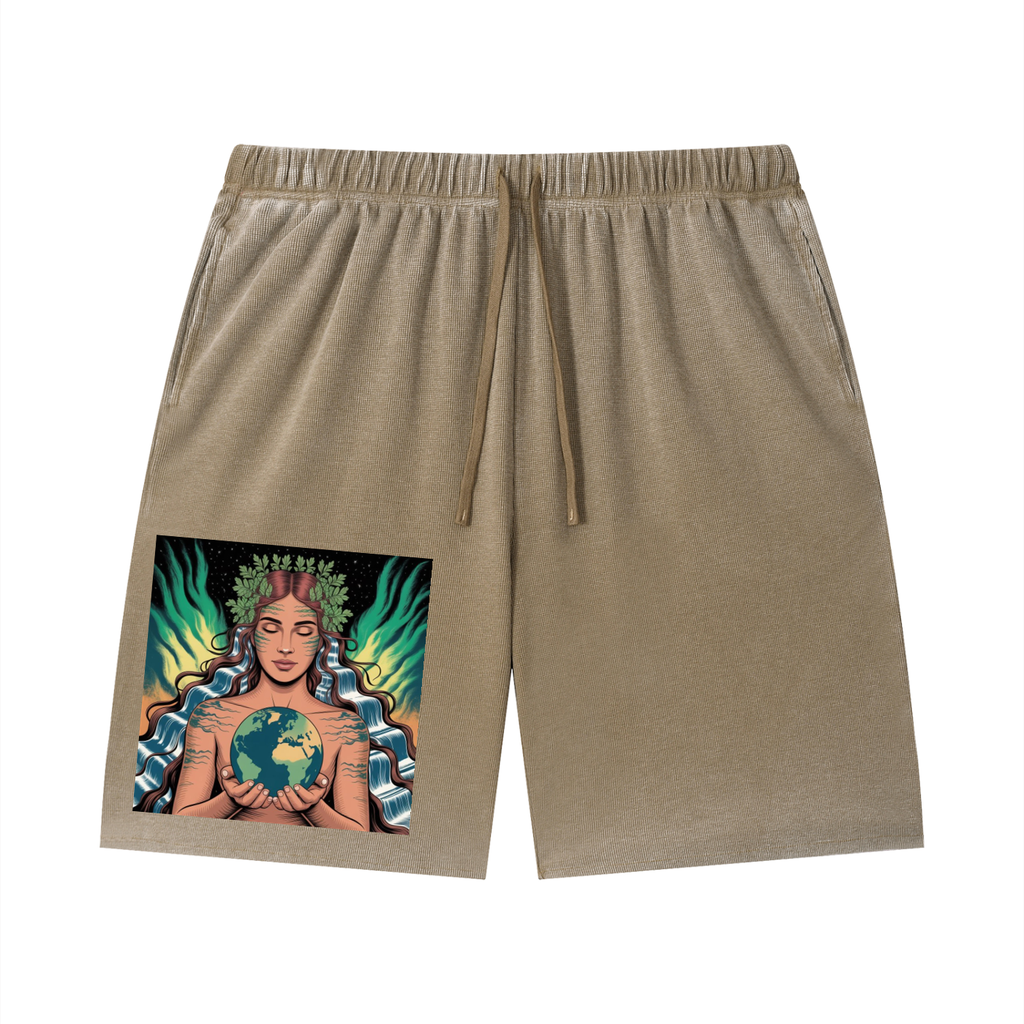 Unisex Vintage Wash Sunfade Waffle Raw Hem Shorts
